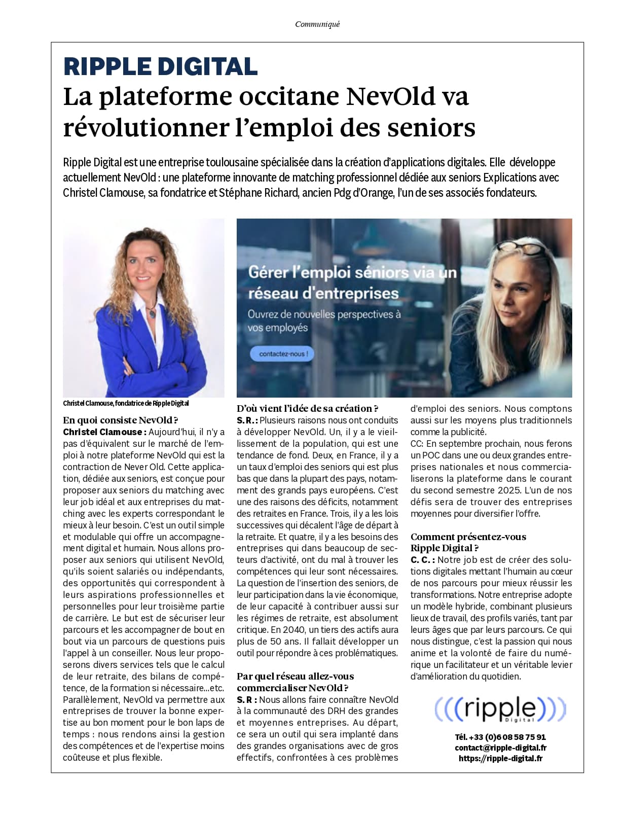 Article de presse : « La plateforme occitane NevOld va révolutionner l'emploi des seniors »