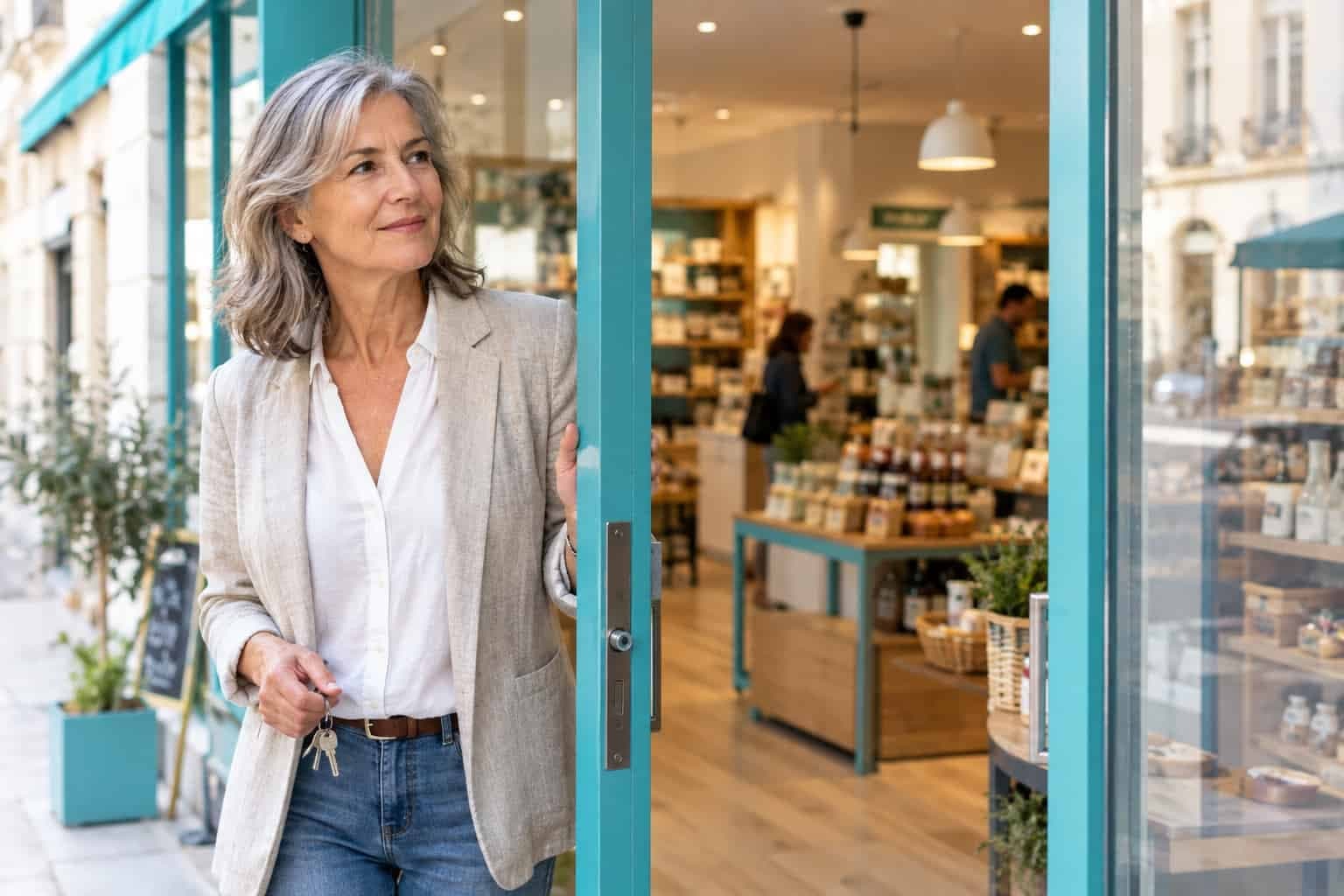 Seconde carrière après 50 ans : la franchise avec NevOld Femme d’une cinquantaine d’années ouvrant la porte d’une boutique qu’elle reprend en franchise
